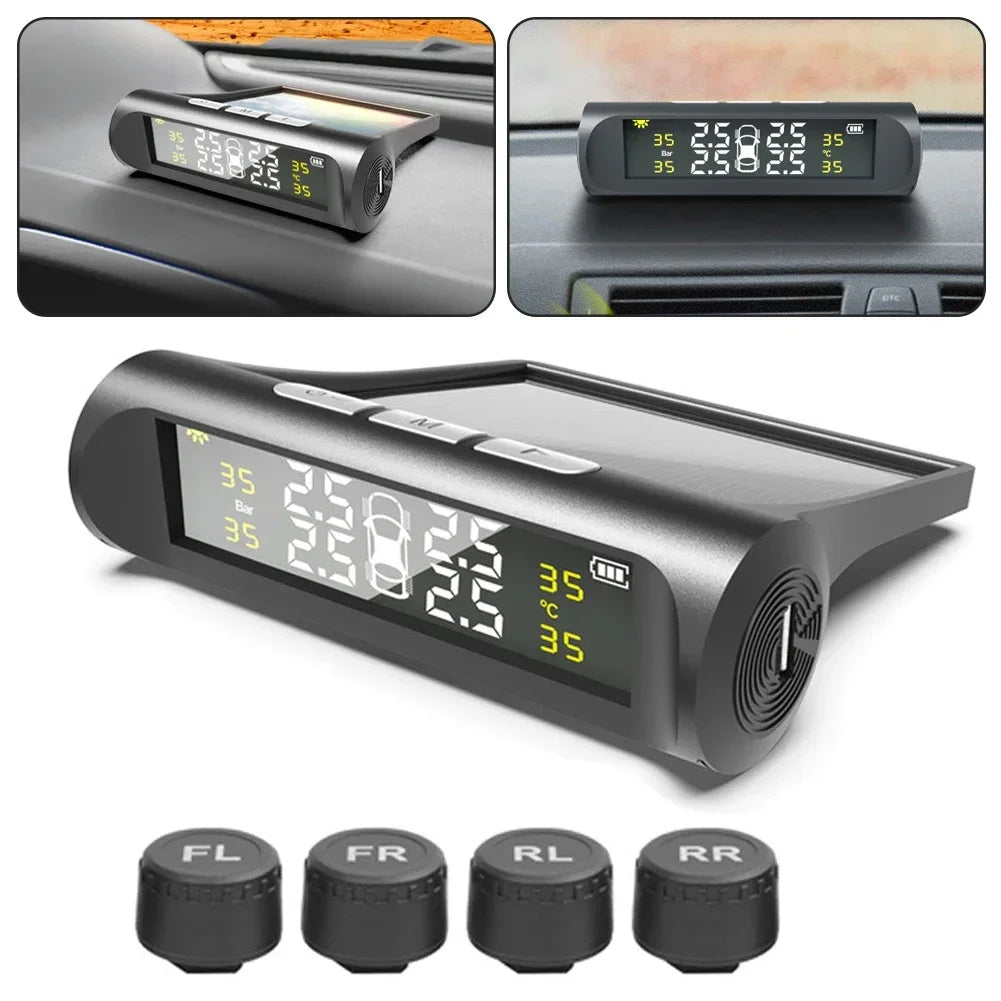 Pantalla LCD Digital Universal inteligente para coche TPMS sistema de supervisión de presión de neumáticos 4 sensores alarma de seguridad automática carga Solar