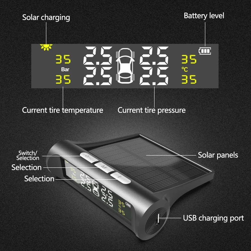 Pantalla LCD Digital Universal inteligente para coche TPMS sistema de supervisión de presión de neumáticos 4 sensores alarma de seguridad automática carga Solar